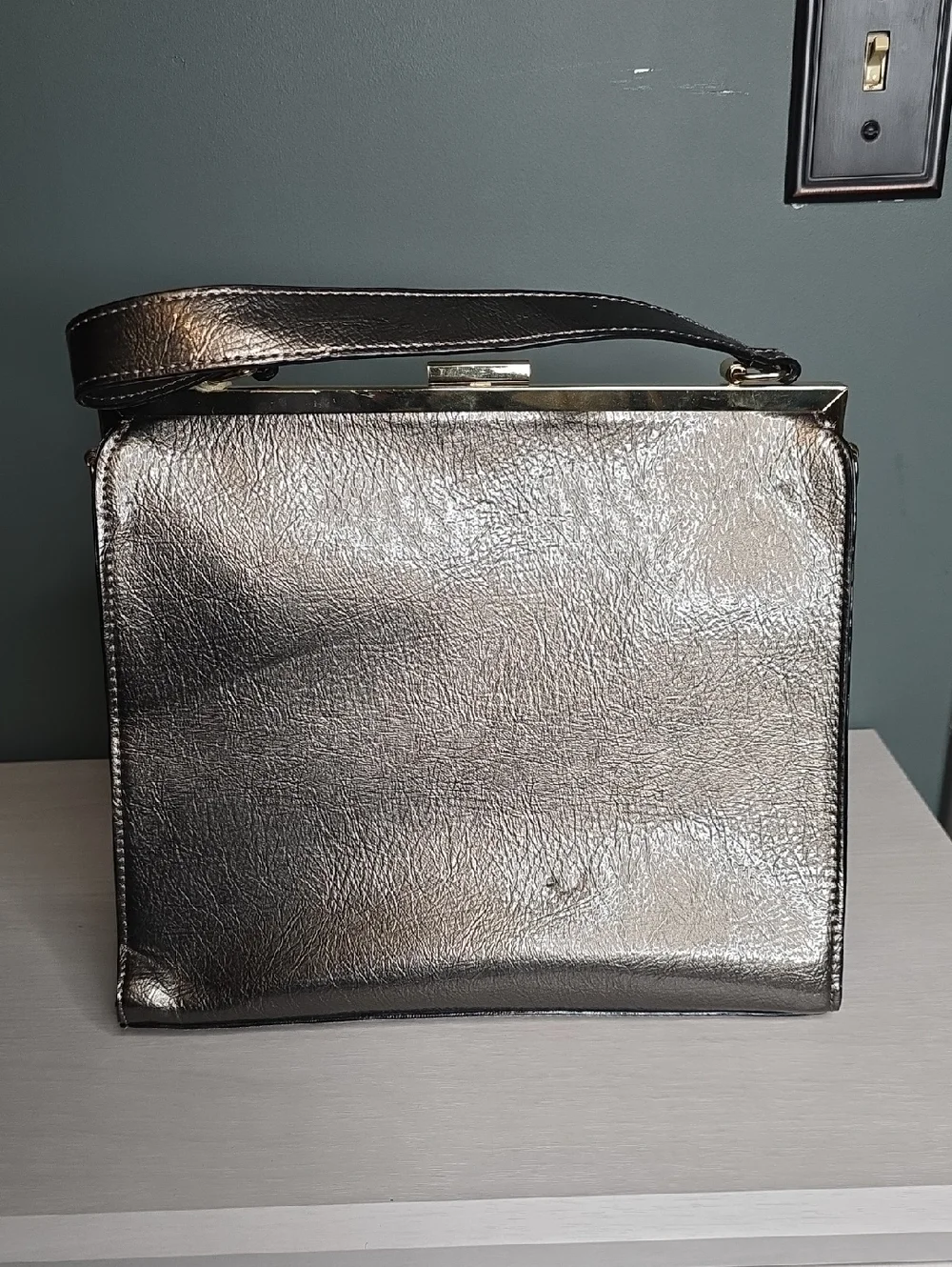 Ganni Two-Tone Gray Suede & Metallic Top-Handle Bag Lady Frame Satchel NWT